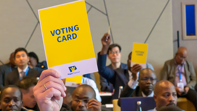 Voting the strategic document presented by Hope Channel NetSCom. Hope Channel Network Leadership Conference (NLC) 2025, DoubleTree by Hilton, Dubai, United Arab Emirates (UAE), April 25-30, 2025. Camera date: Monday, April 28, 2025 15:30.