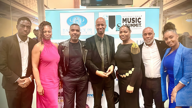 From left to right: Sinclair Thomas, Joanne J., Ray Stewart, Professor Ken Burton, Dr Charmaine Elliott, Tony Best and Cheyenne Malcolm at the Gospel Music Hall of Fame UK Induction Ceremony