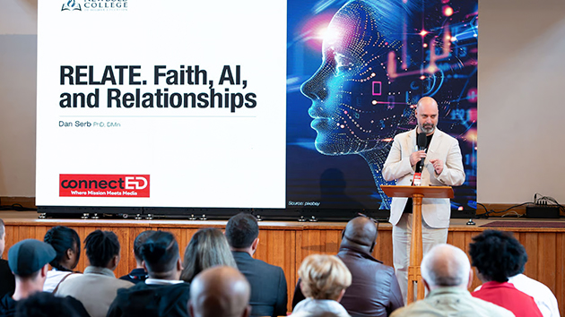 Dr Dan Serb, Principal of Newbold College of Higher Education, explores “Faith, AI and Relationships” during his presentation, addressing both the benefits and ethical challenges of artificial intelligence