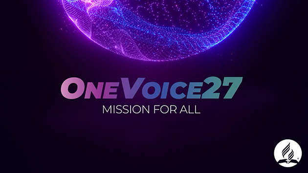 A slide from Daniel Duda’s presentation introduces OneVoice27, a global media evangelism initiative aiming to mobilise every church member for mission in 2027