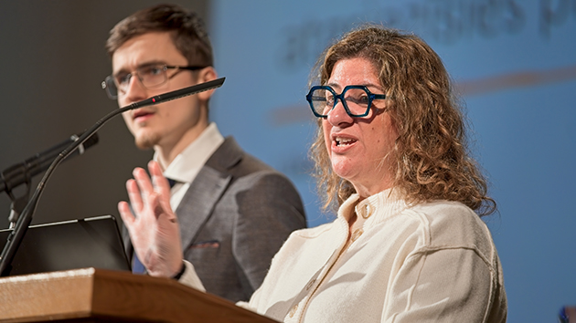 Pastor Sylvia Cariotoglou, right, speaks while a translator assists during one of the programmes at the “Mission: Latvia” conference in Riga, Latvia