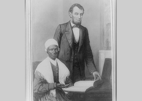 Abraham Lincoln shows Sojourner Truth the Bible presented by Black residents of Baltimore at the Executive Mansion in Washington, DC, on 29 October 1864