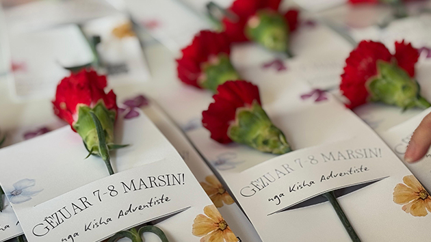 Freshly arranged flowers are displayed before being distributed during the outreach programme in Tirana, Albania on March 7