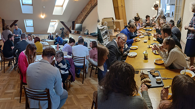 Participants engage in a group discussion activity (left) and share a meal together (right) during the church planting meeting in Riga, Latvia