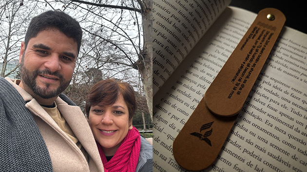 Left: Helena and Adriano Linhares during their missionary visit to Tirana, Albania. Right: Leather bookmarks featuring John 3:16 and a Quran passage are displayed, prepared for distribution