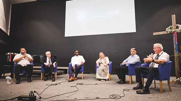 From left to right: Newbold College lecturer Tihomir Lazić, former General Conference President Jan Paulsen, returning Newbold College lecturer Gifford Rhamie, General Conference Vice President Audrey Andersson, South-East European Union Conference President Dragan Grujičić, and Danish Union of Churches Conference President Bjørn Ottesen participate in a Sabbath morning panel discussion exploring mission and ministry in an increasingly secular Europe