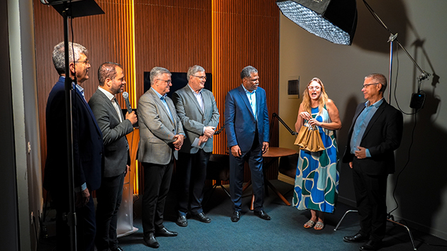 Pictured (left to right): Magdiel Pérez Schulz, assistant to the General Conference president; Delmar Reis, president of the Albanian Mission; Erton Köhler, president of the General Conference; Daniel Duda, president of the Trans-European Division; Paul H. Douglas, treasurer of the General Conference; Natalie Reis; and Richard E. McEdward, executive secretary of the General Conference, during the inauguration of HopeMedia Albania. The new media centre was officially opened during the General Conference officers’ visit to Albania